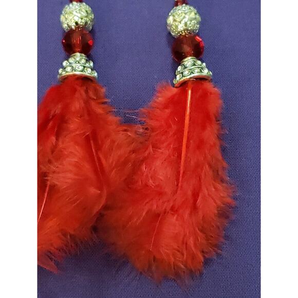 Long Red Feather Dangle Earrings Clear Rhinestone Crystal Ball Silver Tone - Picture 3 of 6